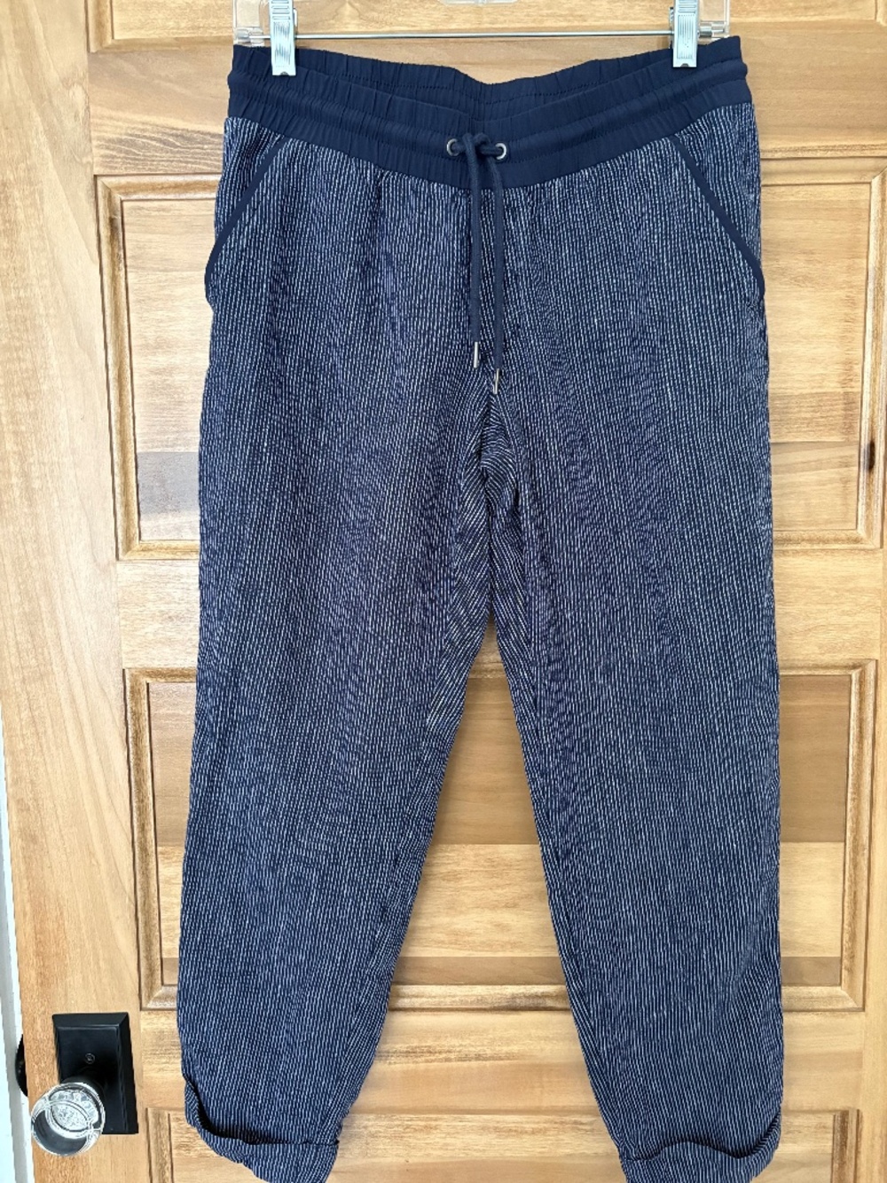 Athleta Linen Joggers Navy Pinstripe Bali Drawstring Size 6
